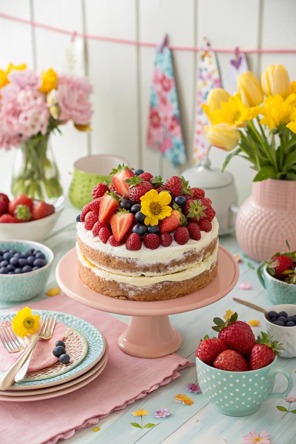 A fruit-covered cake erupting with fresh zest.