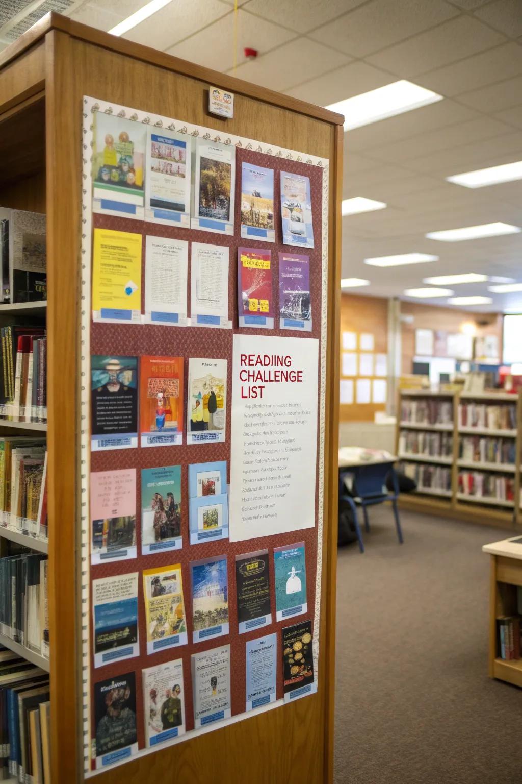 A notice board designed to promote spring-themed book recommendations and reading challenges.