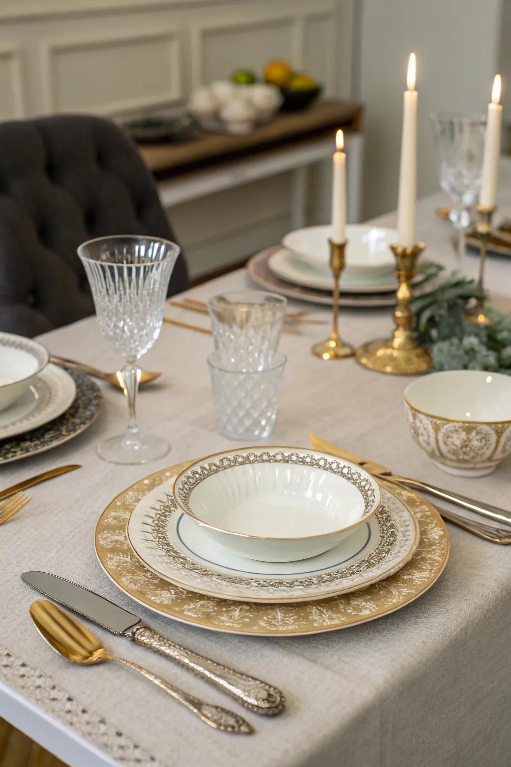 A blend of vintage and modern tableware for a sophisticated look.
