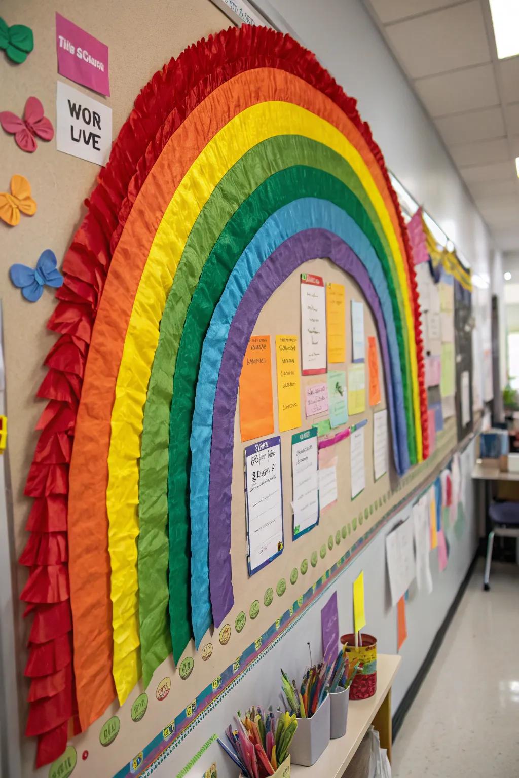A vibrant rainbow adding hope and color to the bulletin board.