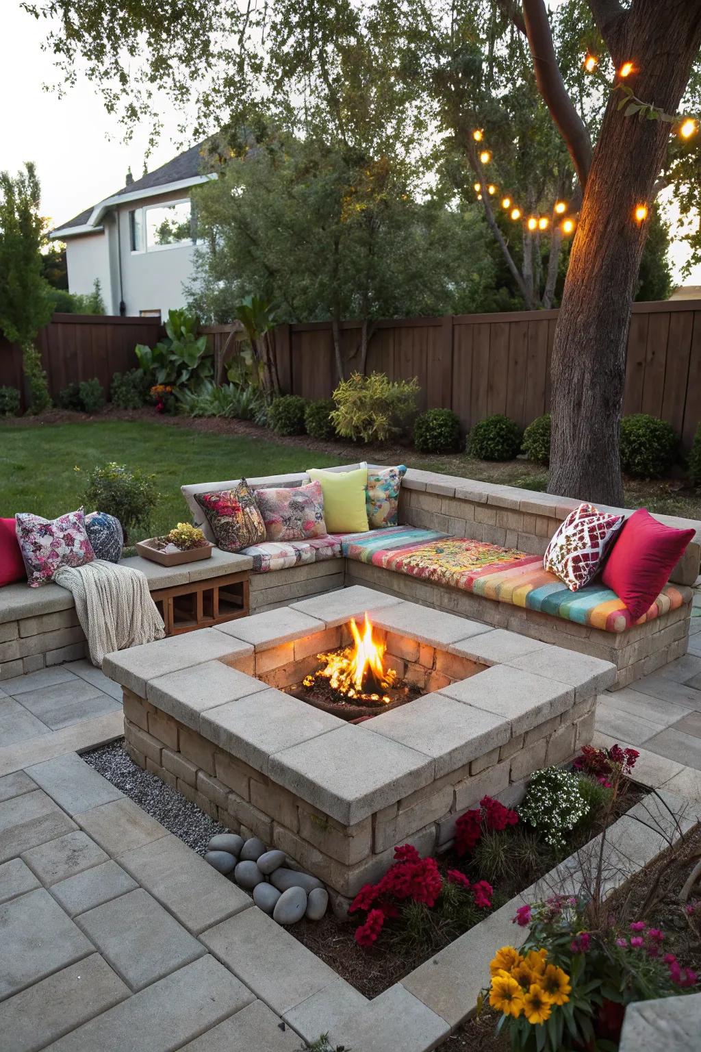 Integrated seating turns a fire pit area into a social oasis.
