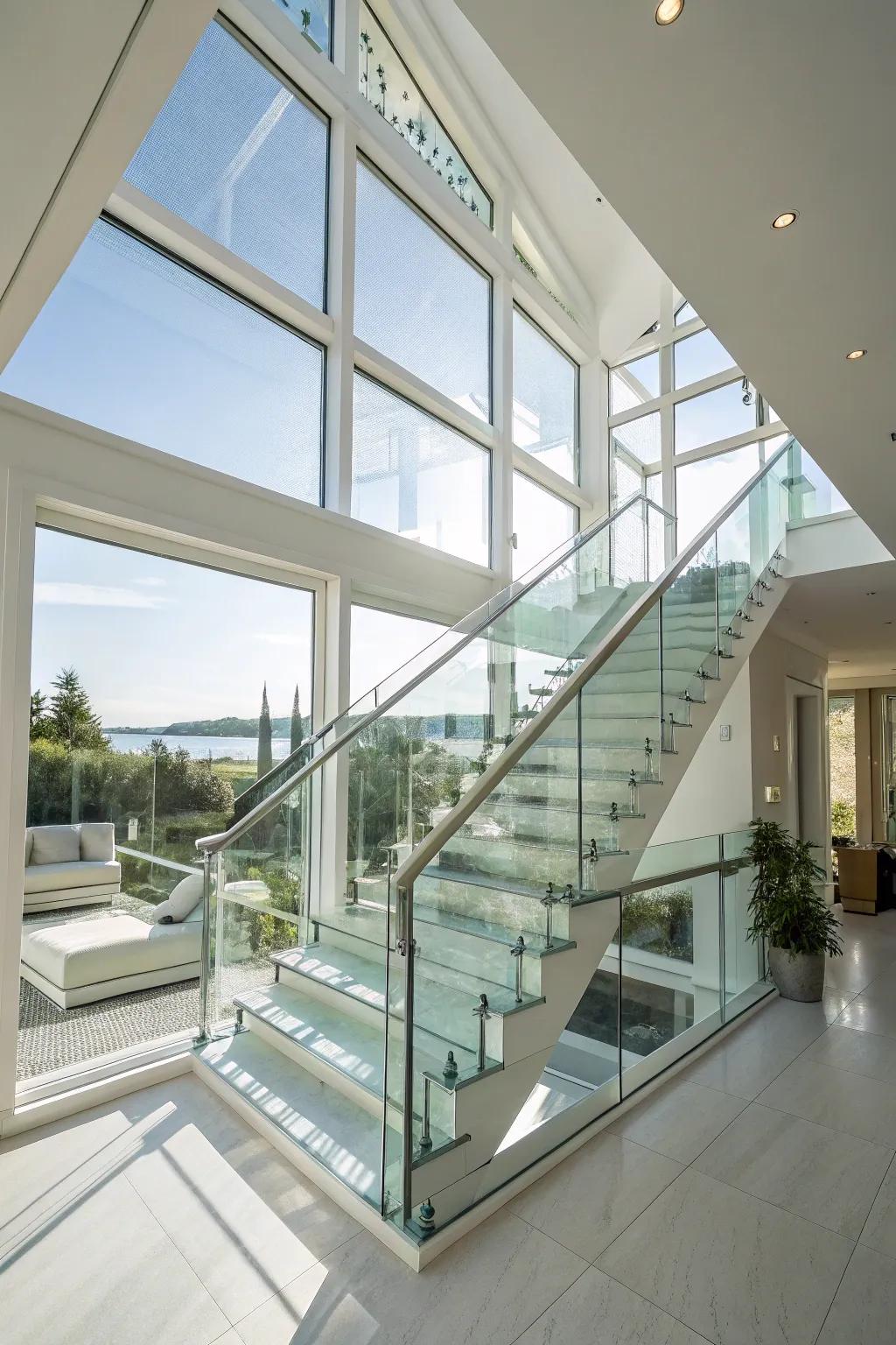Glass siding allows natural light to brighten this refined staircase.