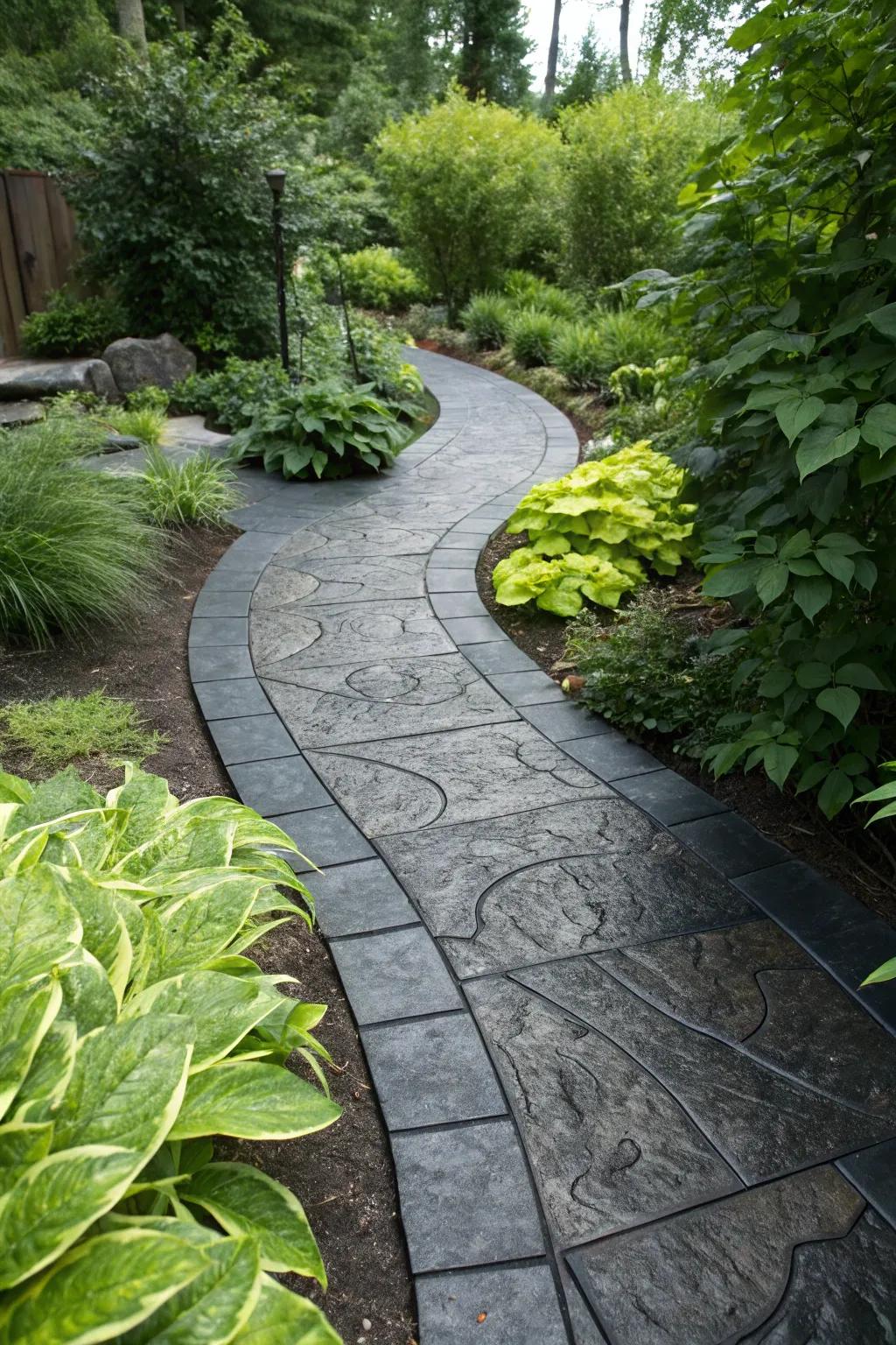 Deep gray accents inject a bold character into this garden path.
