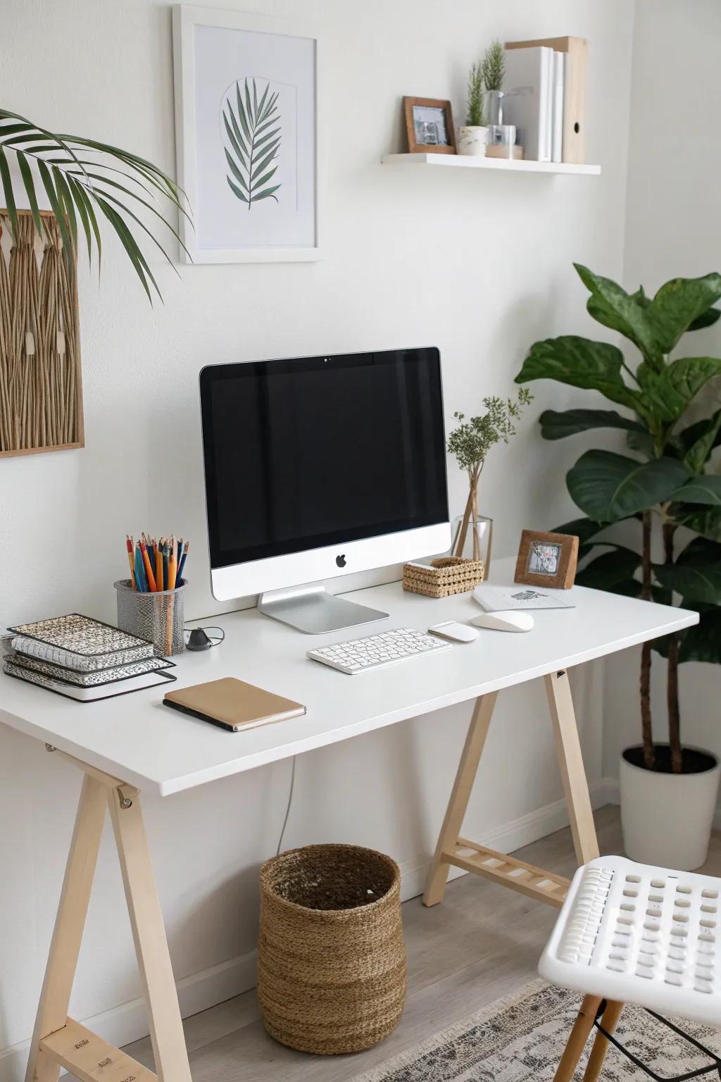 A minimalist standing desk setup encourages a distraction-free workspace.