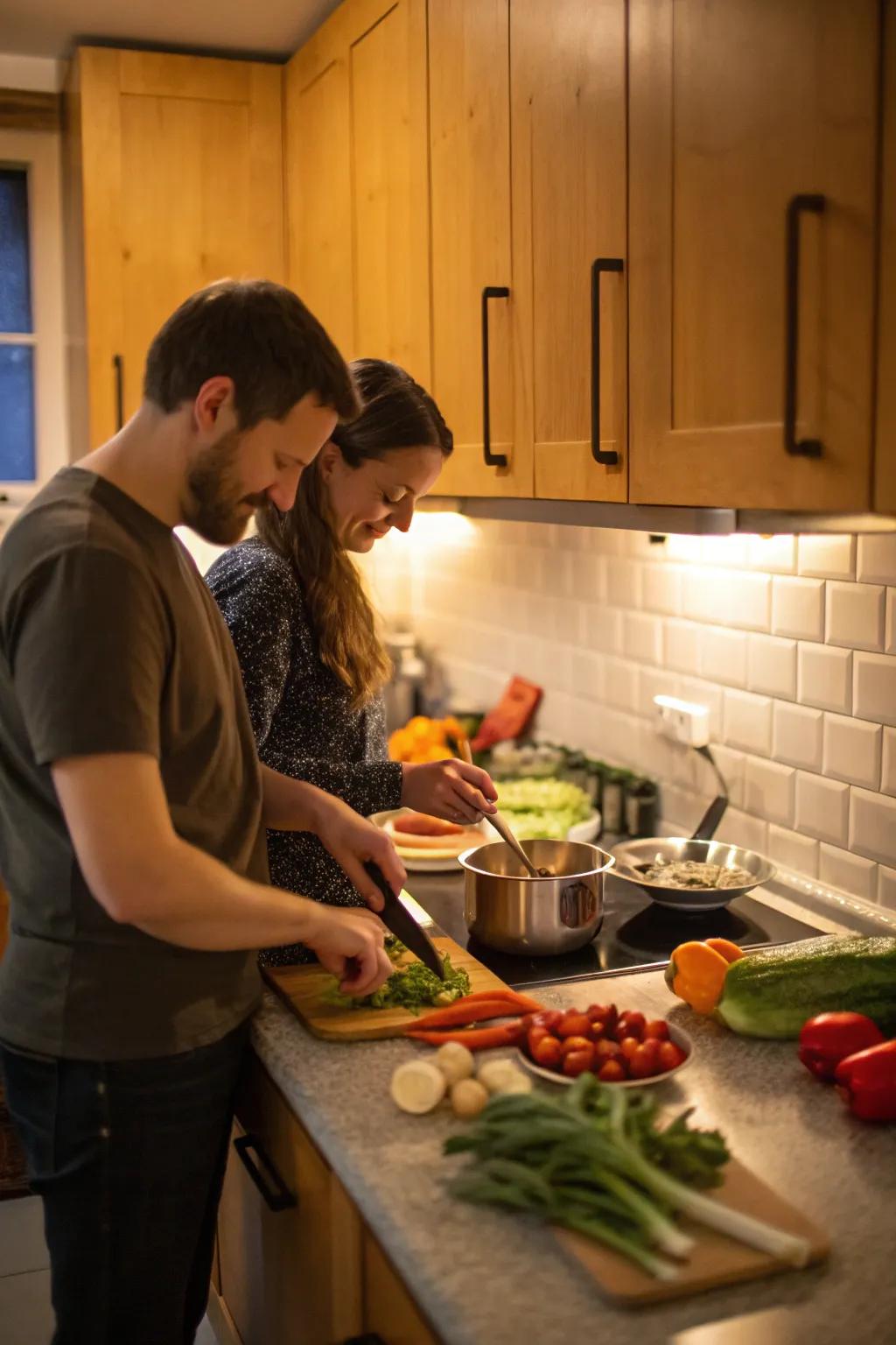 Cooking a gourmet meal together fosters bonding and creativity.