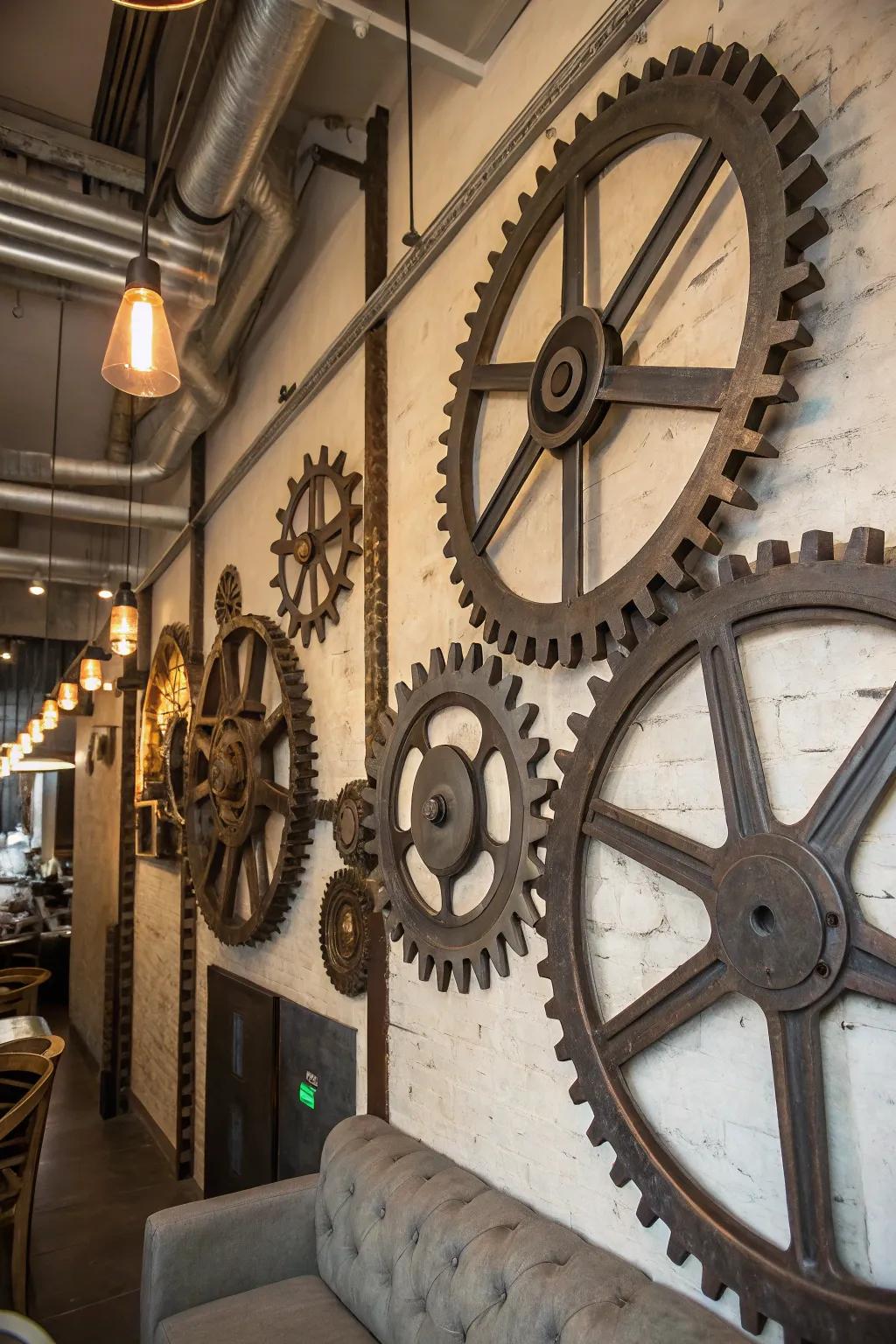 Metal gears transform a simple wall into a steampunk work of art.