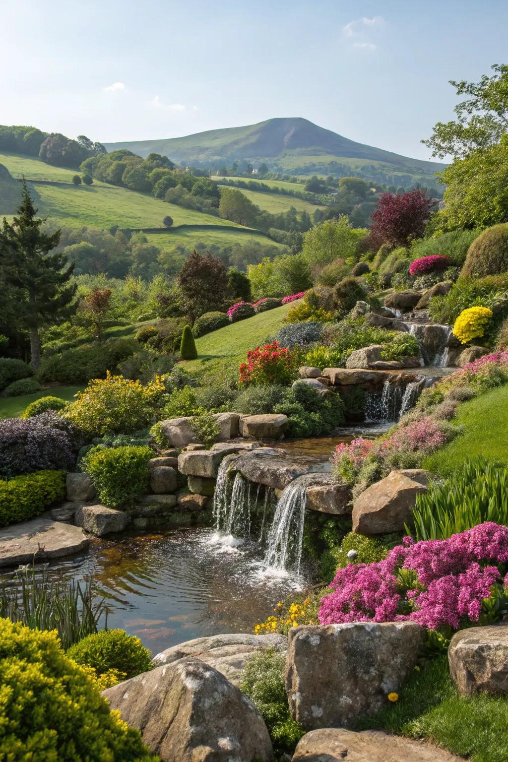 A waterfall adds a tranquil, dramatic touch to hillside gardens.