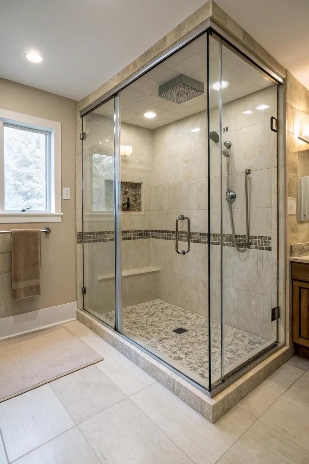 Threshold-free sunken walk-in shower flaunting an unimpeded and welcoming layout.