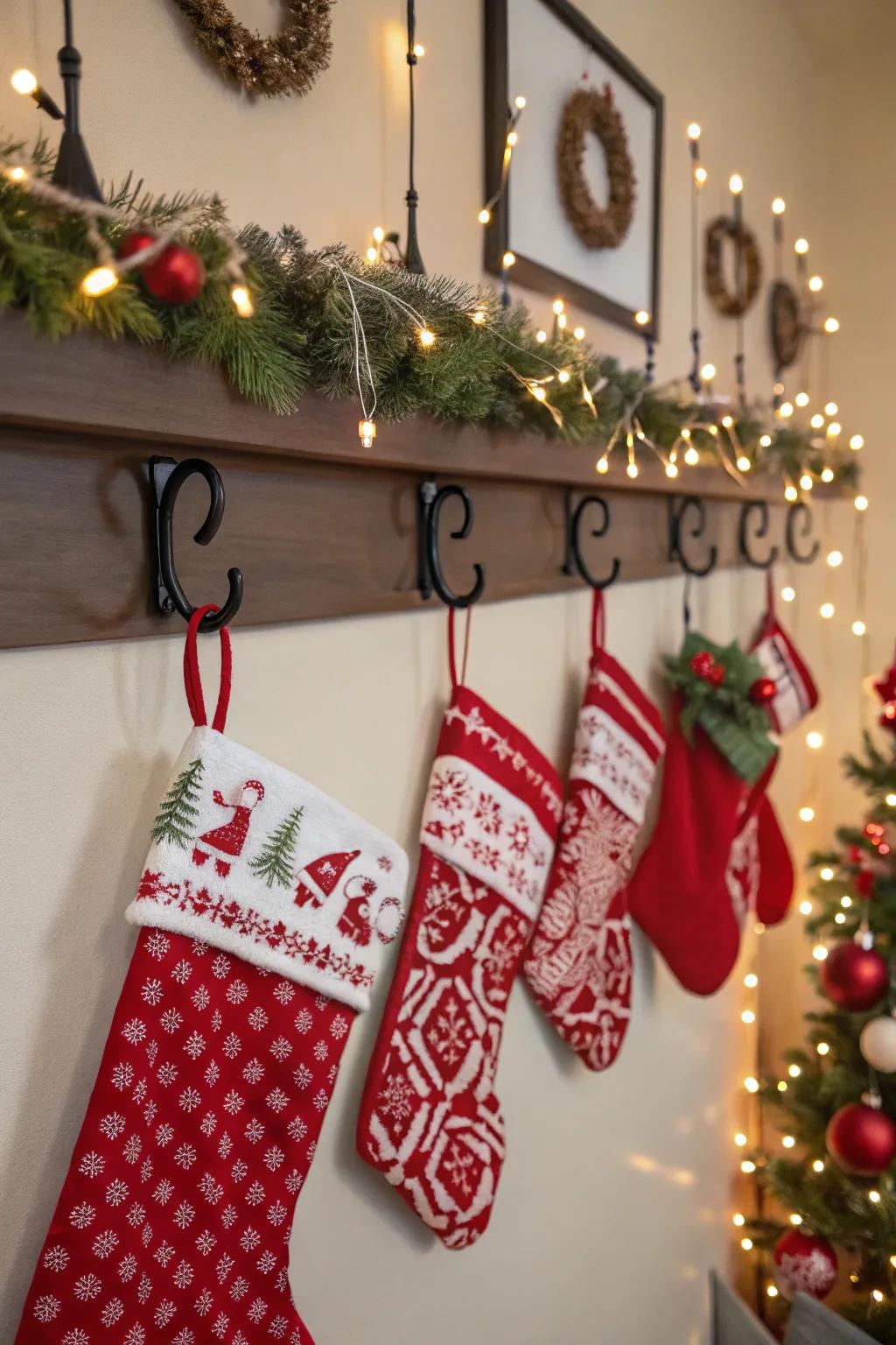 Wall hooks offer a chic way to display stockings.