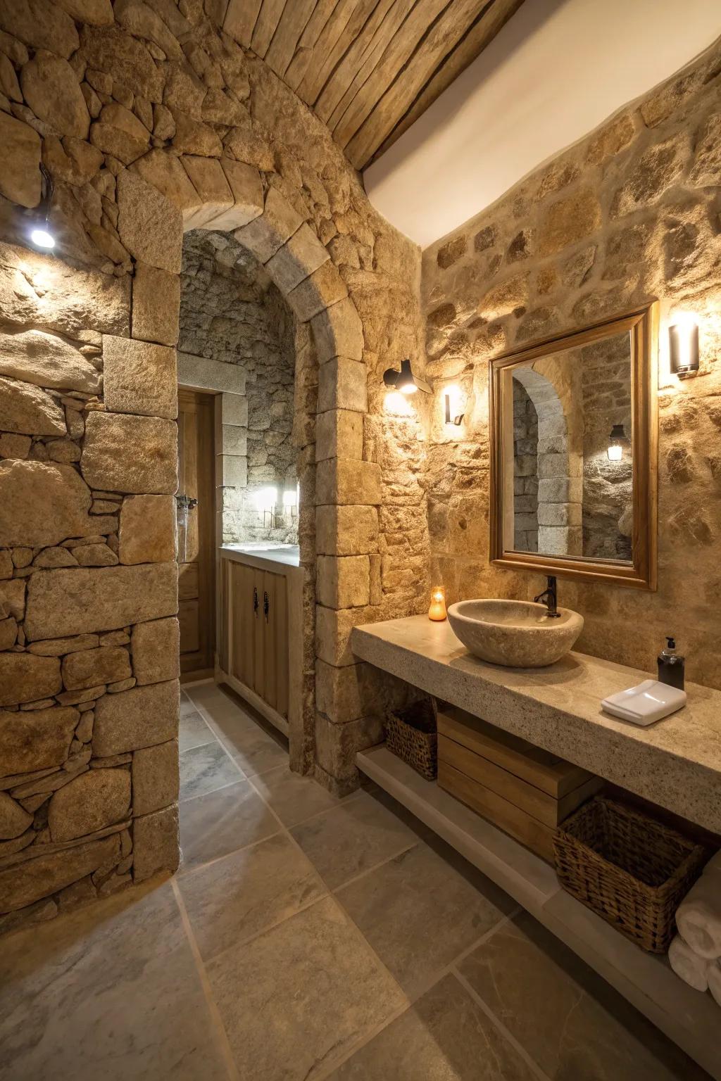 Integrated lighting highlights the textures within this stone bathroom.
