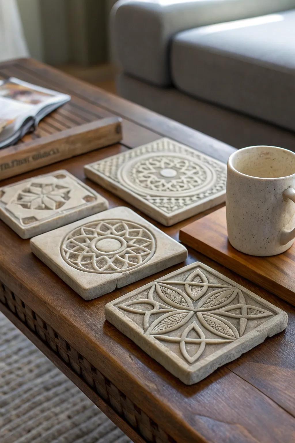 Elegant handcrafted stone tiles exhibiting geometric patterns.