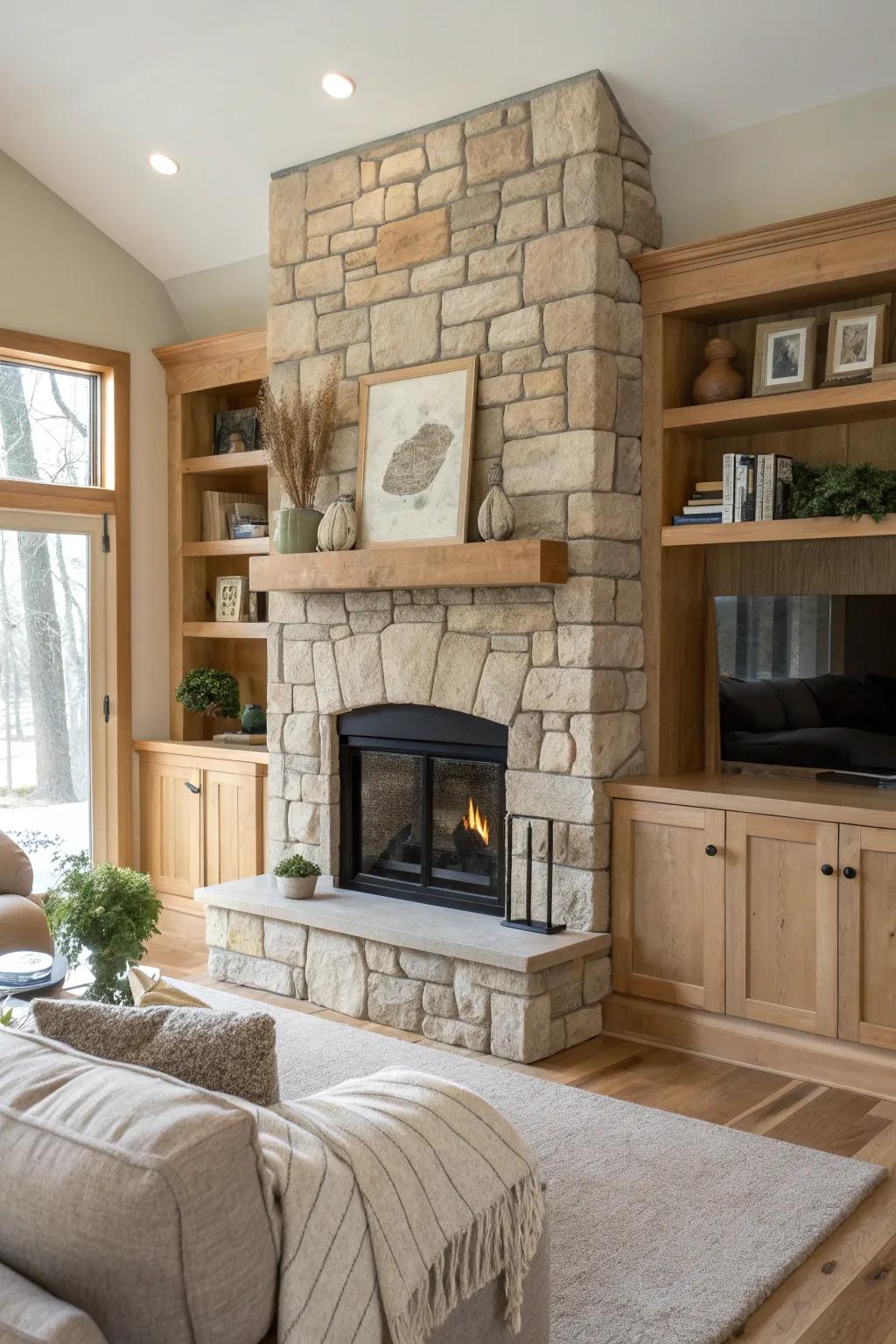 Unite function and aesthetics via integrated shelving shaping your snug stone hearth. #ShelvingDesign #FireplaceLove