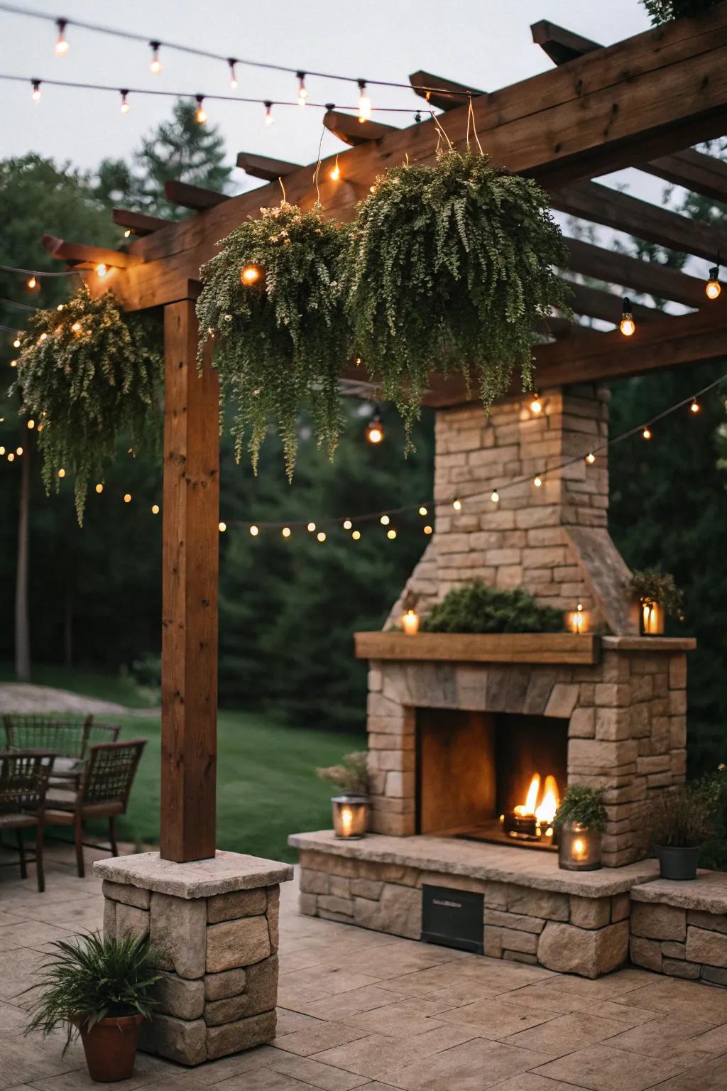 A canopy-covered fireplace delivers a comfortable refuge.