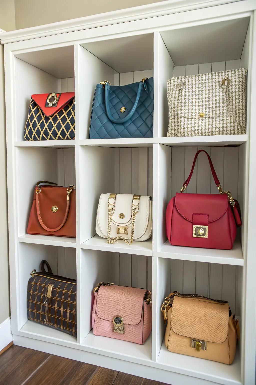 Purses organized beautifully within designated cubbies.