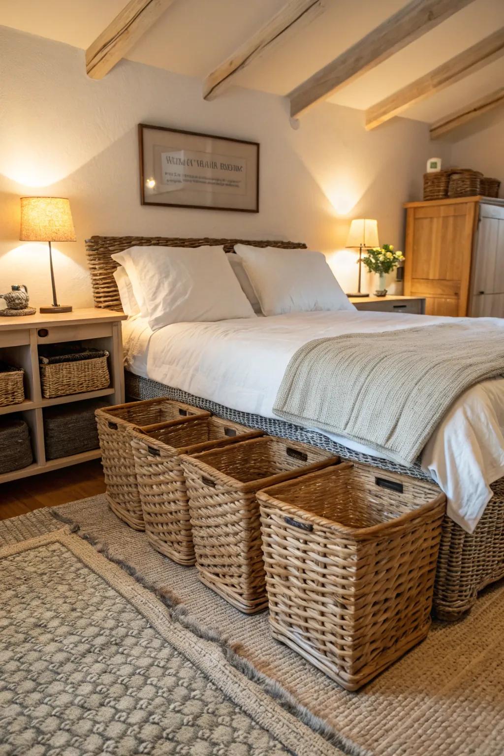 Utilize under-bed area with elegant stowing bins.