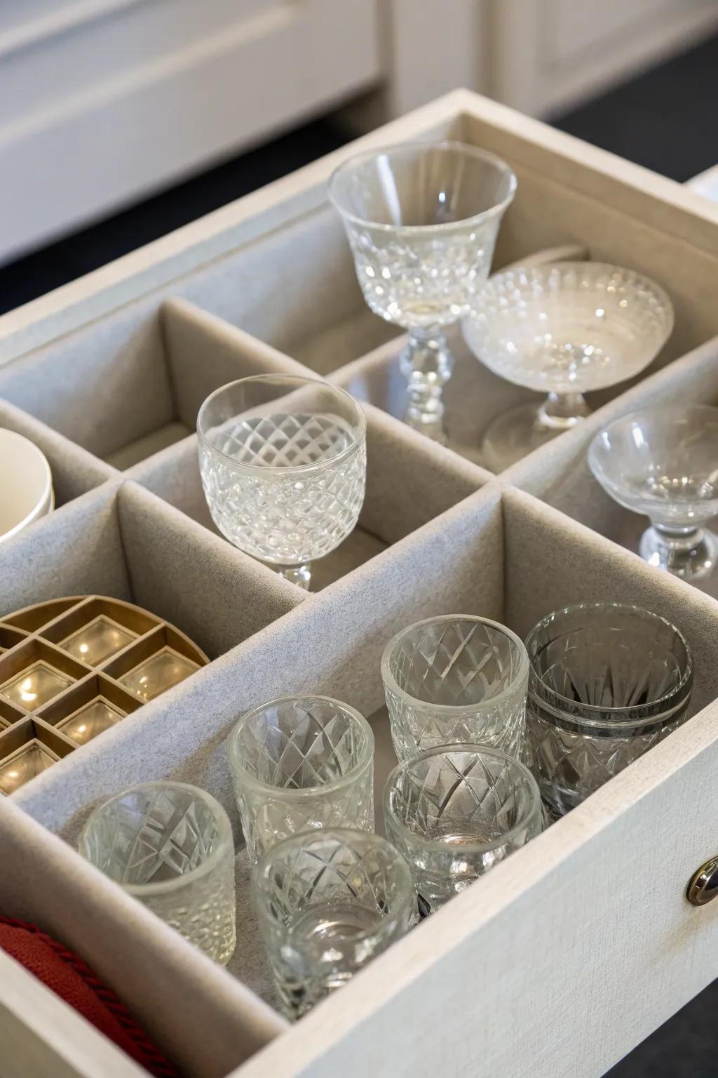 Divided boxes offer secure storage for delicate glassware.