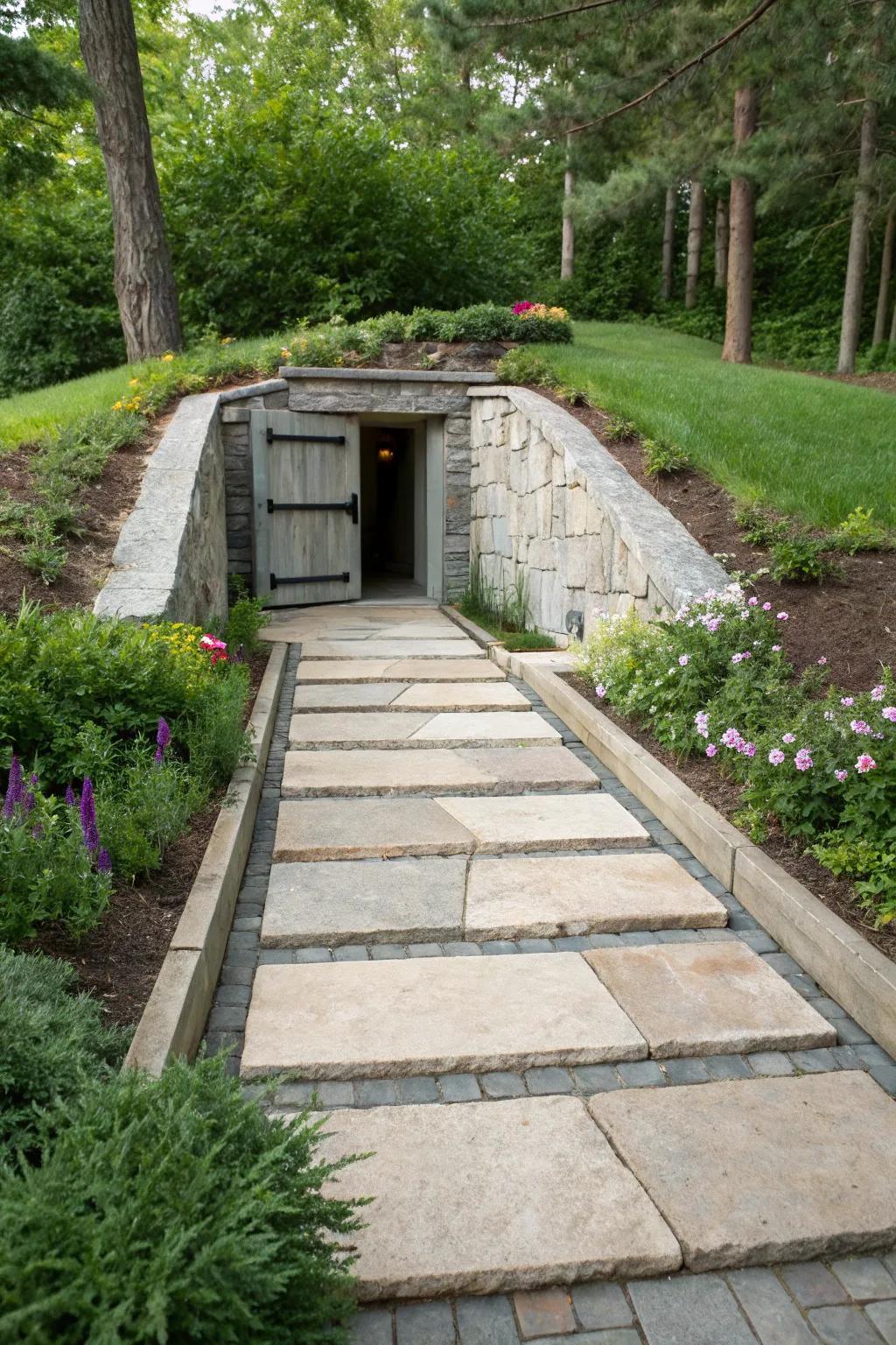 Tiled walkways offer design and straightforward access to your storm shelter.
