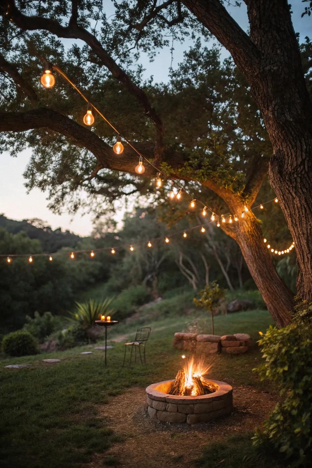 String lights draped from trees create a natural canopy.