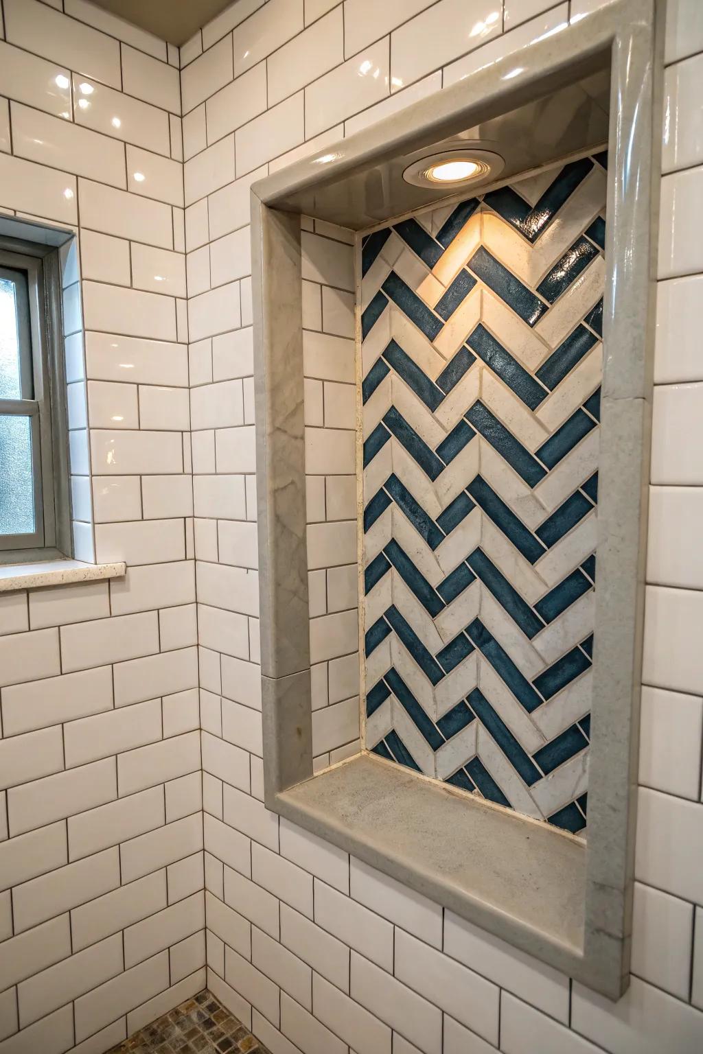 A chic chevron pattern in a shower niche.