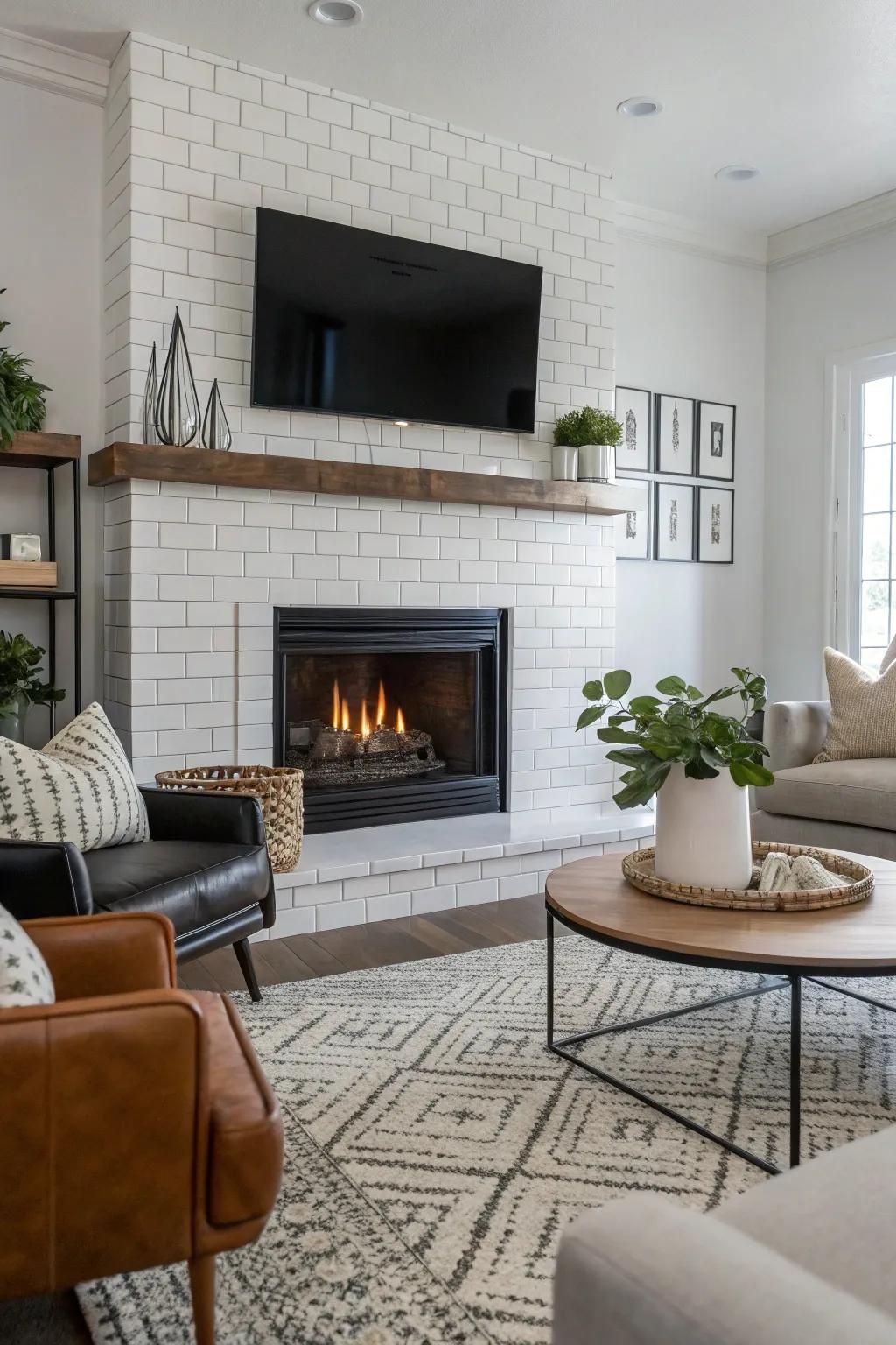 Glossy tiles bring a modern sheen to this contemporary fireplace.