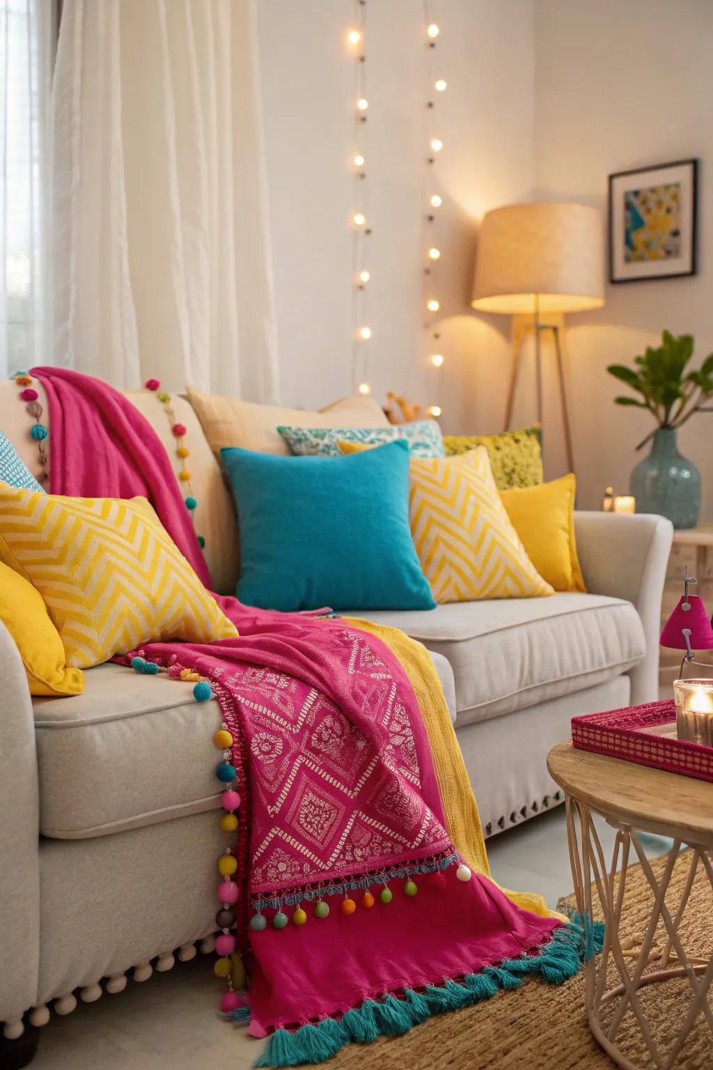 Bright pillows and throws add a dash of summer color to this living room.