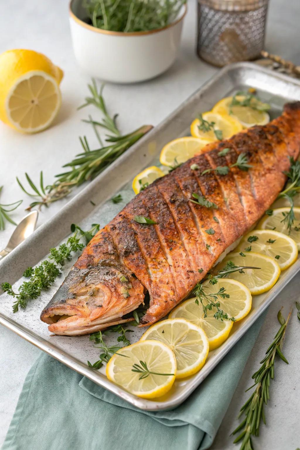 A perfectly grilled salmon fillet, ready to be enjoyed.