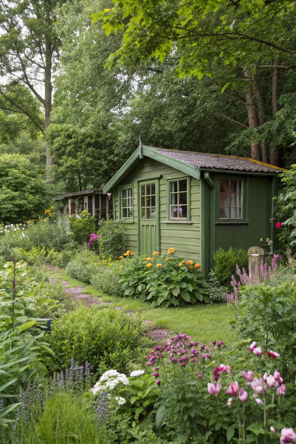 A natural verdant summer house harmoniously blending with its garden surroundings.