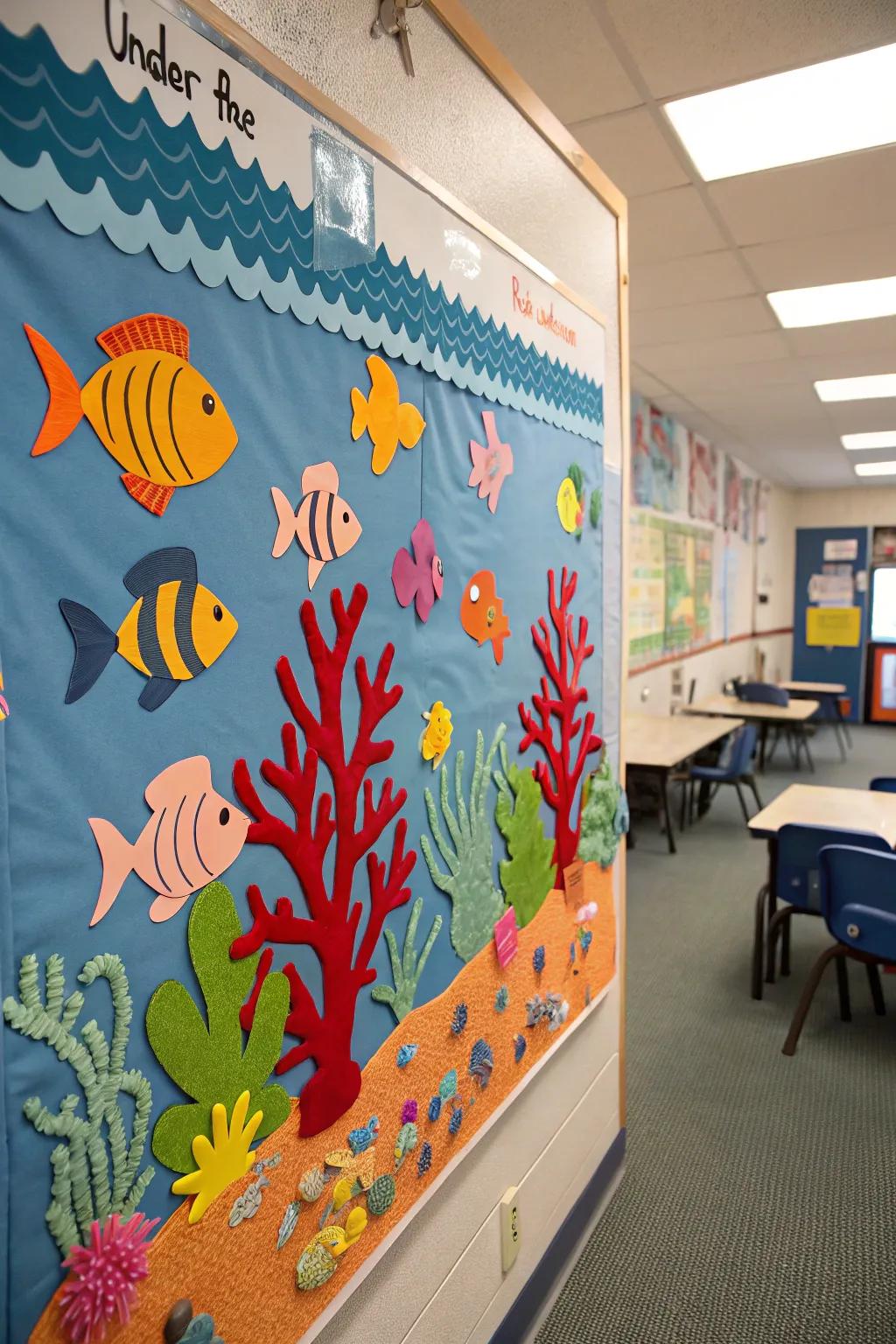 An under the sea-themed bulletin board teeming with marine life.