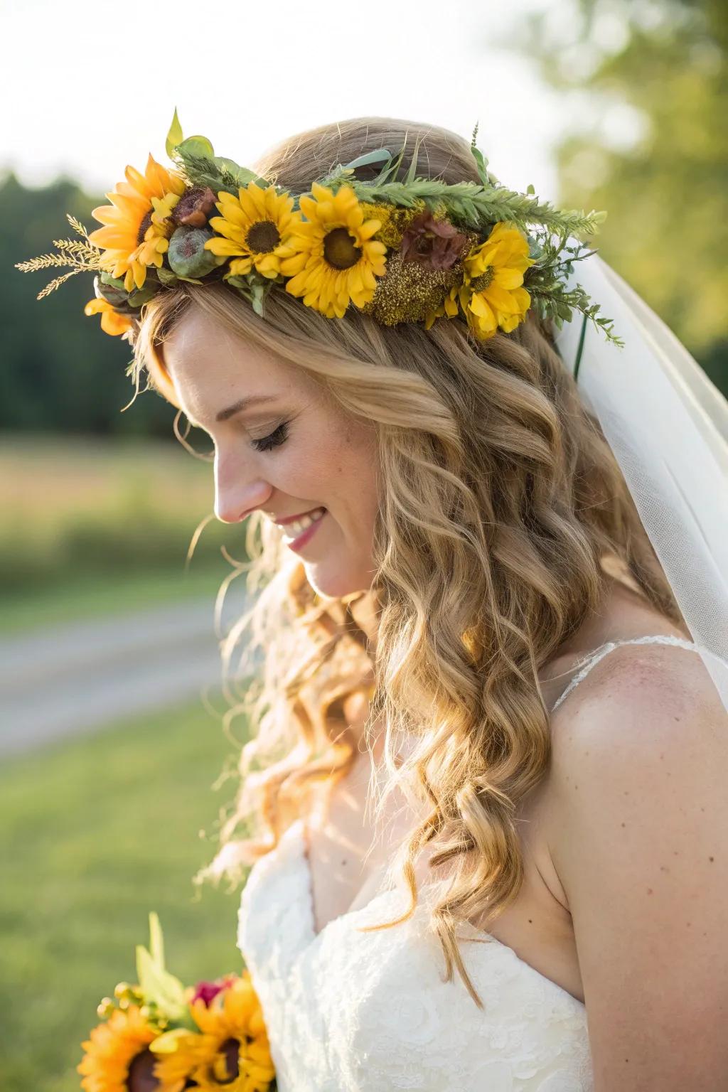 A bride adorned with a golden bloom crown, exhibiting a playful hairstyle.