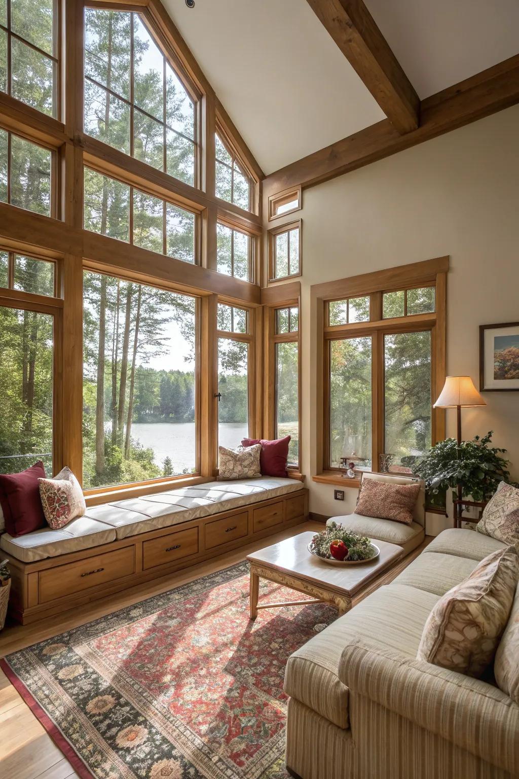 A sunken living room with abundant natural light and expansive windows.