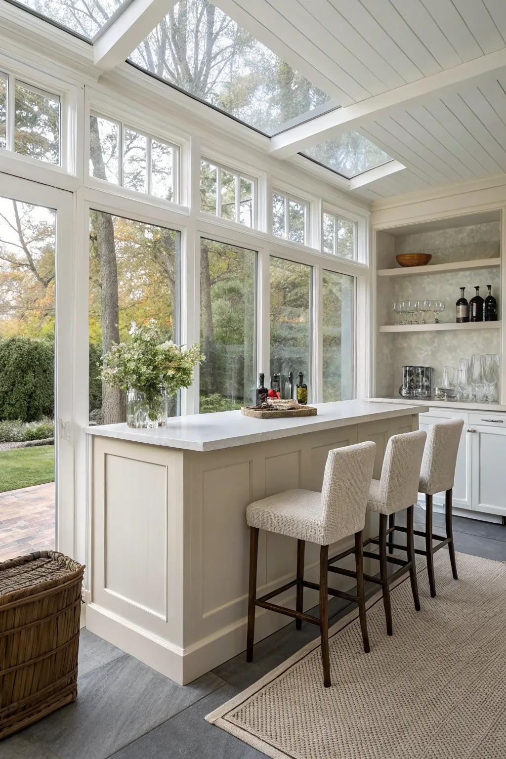 An uncluttered aesthetic keeps your sunroom bar elegant and airy.