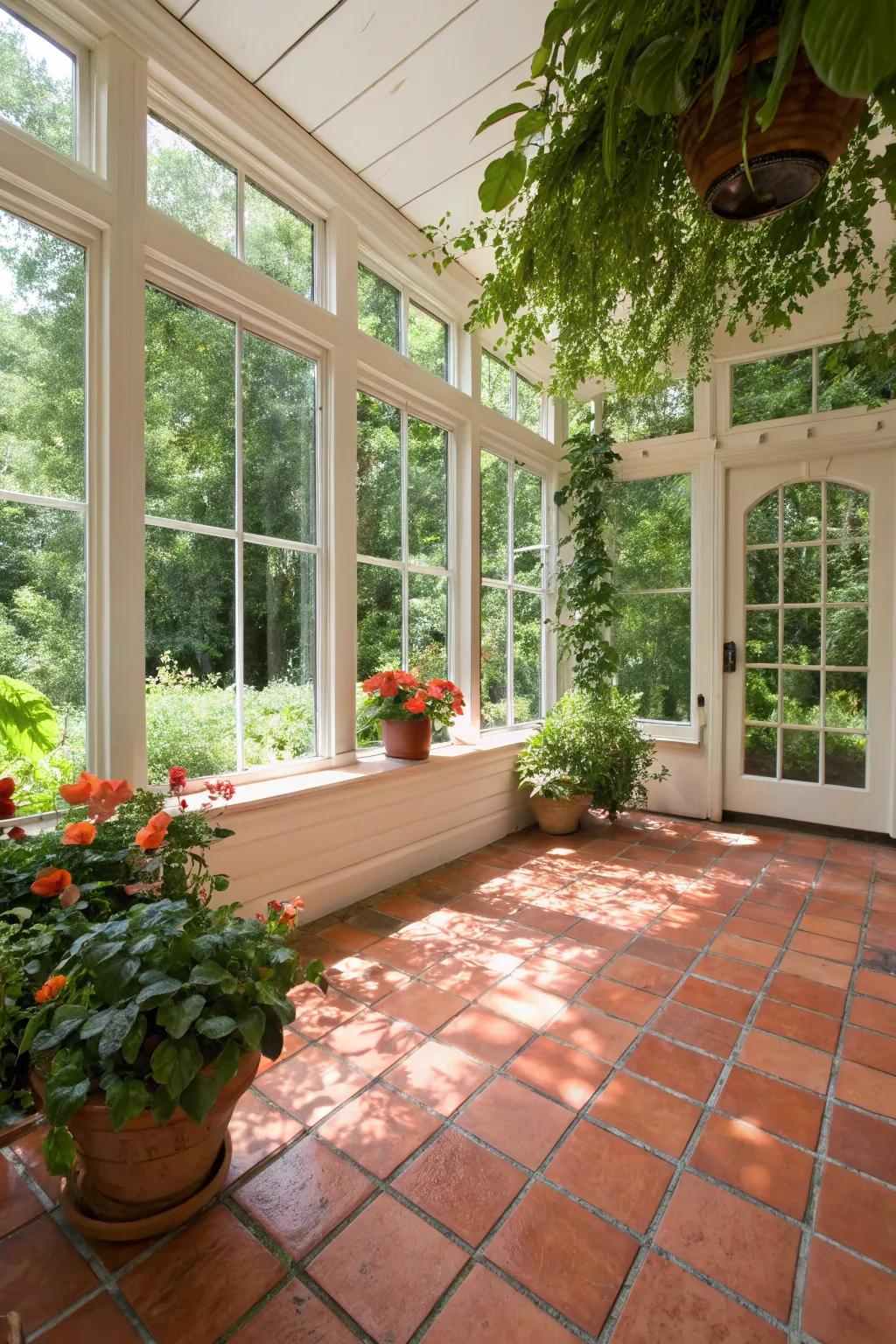 Baked clay tiles flood your sunroom with country charm and durability.