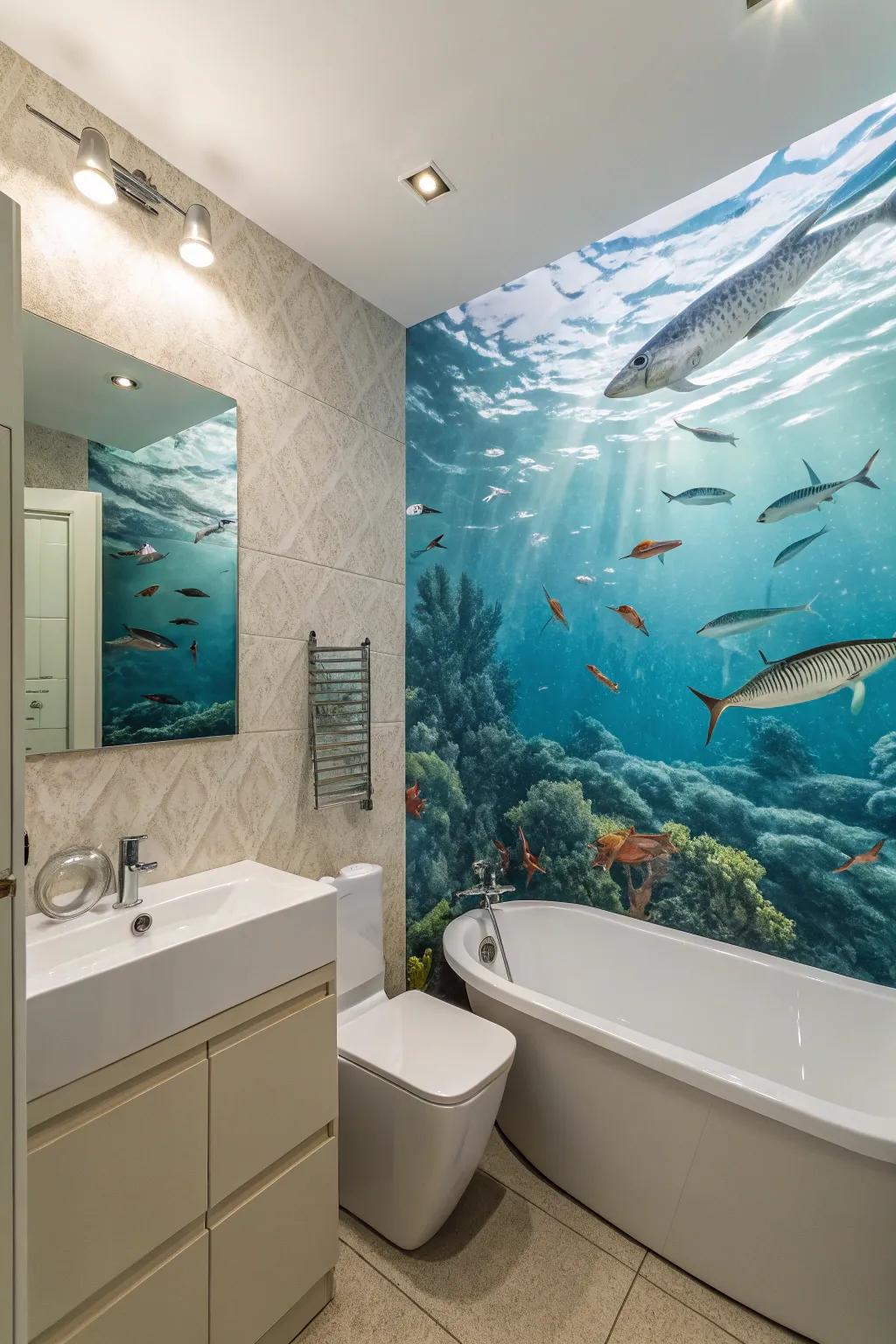 A bathing space showcasing aquatic creatures swimming above.