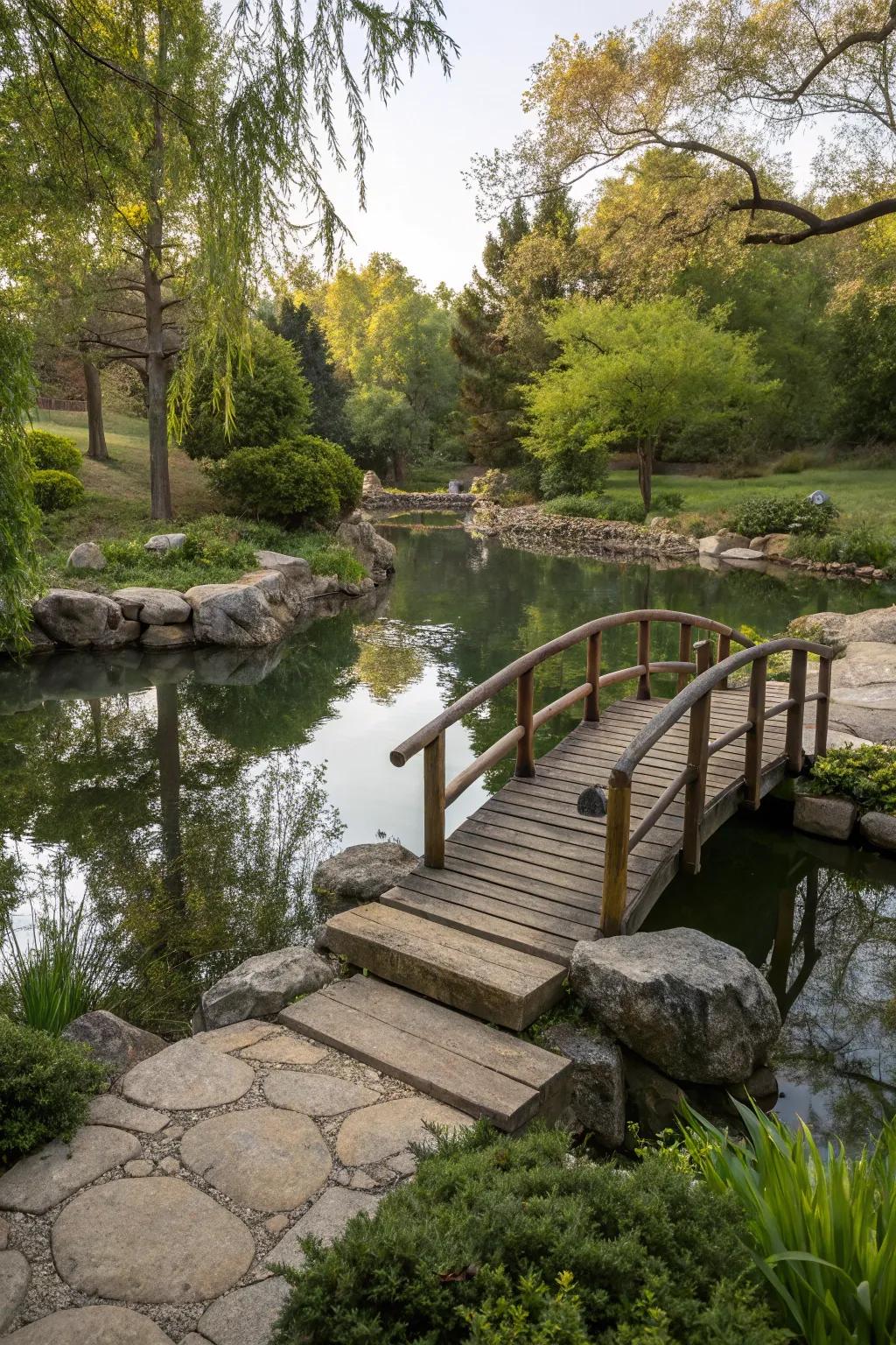 A charming wood bridge heightens the uniqueness of this swimming pond.