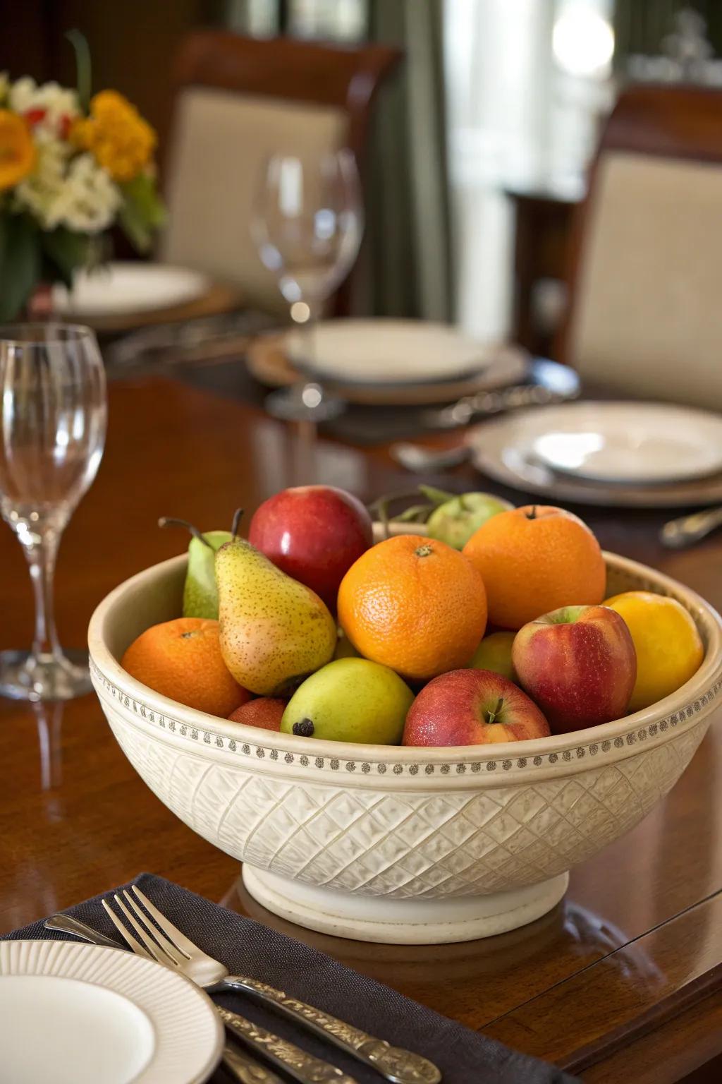 A ceramic bowl of colorful fruit serving as a fresh centerpiece.