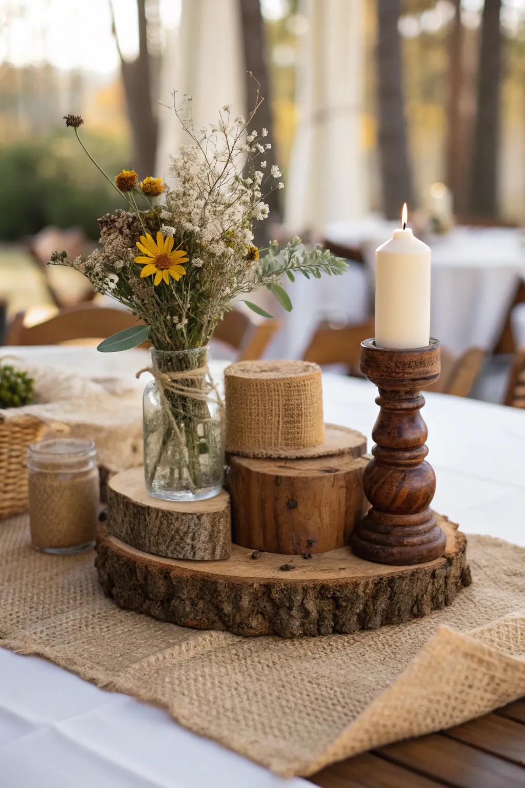 Rustic elements introduce warmth and texture to your table arrangement.