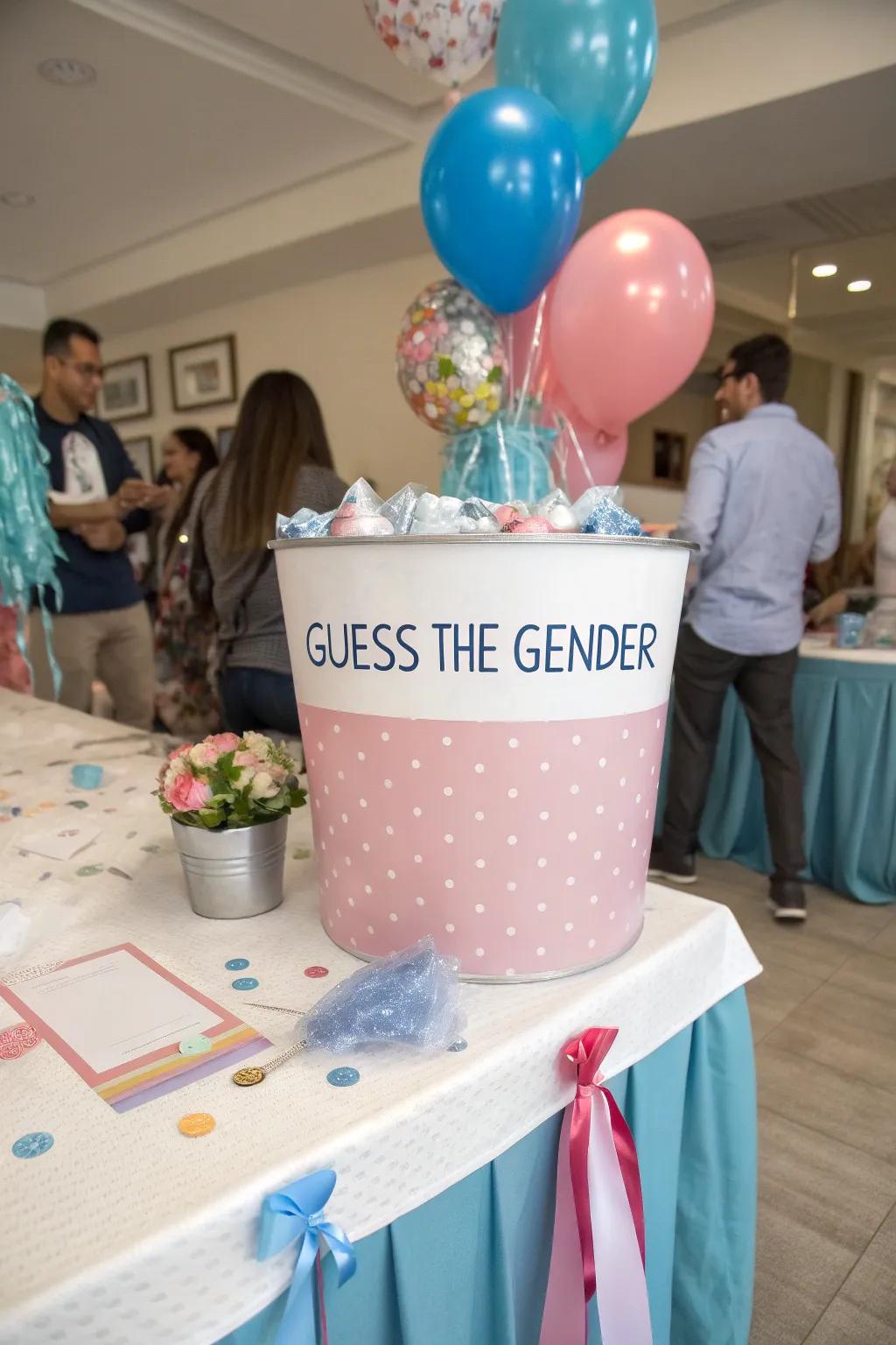 An engaging guessing game setup to involve your guests in the gender reveal fun.