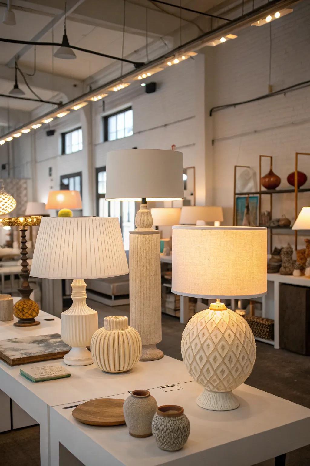 A creative studio with a mix of eclectic table lamps for an inspiring atmosphere.