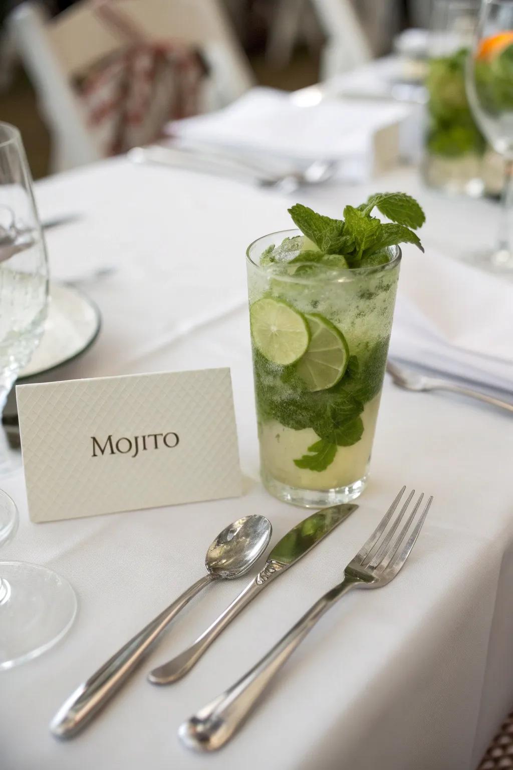 Cocktail-inspired table identifiers infuse a playful aspect into the aesthetic.