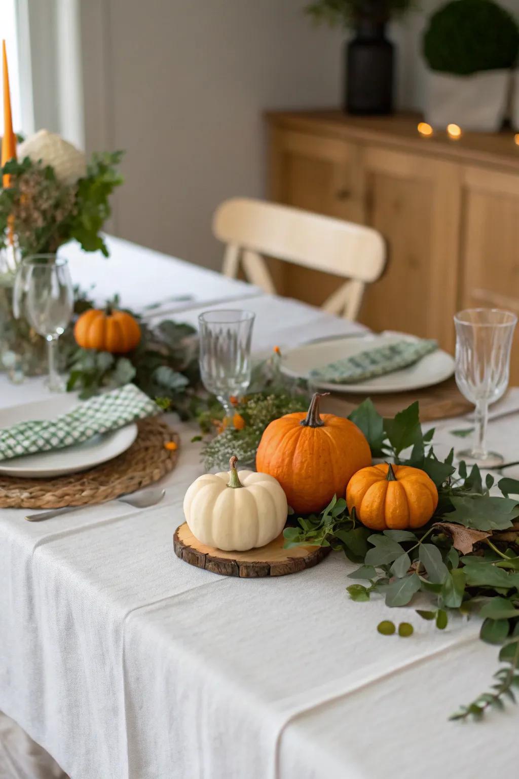 Seasonal embellishments such as gourds and verdure contributing appeal to the table.