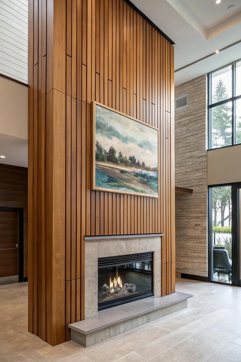 Upright accents accentuate the loftiness of a fireplace wall.