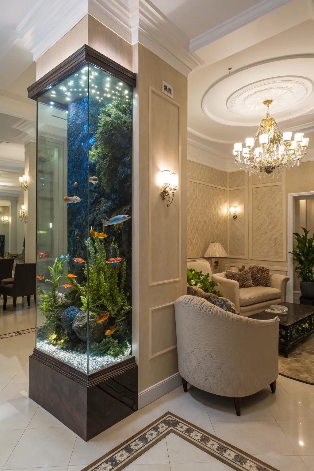 A towering aquarium asserting a bold declaration in a room&rsquo;s corner.