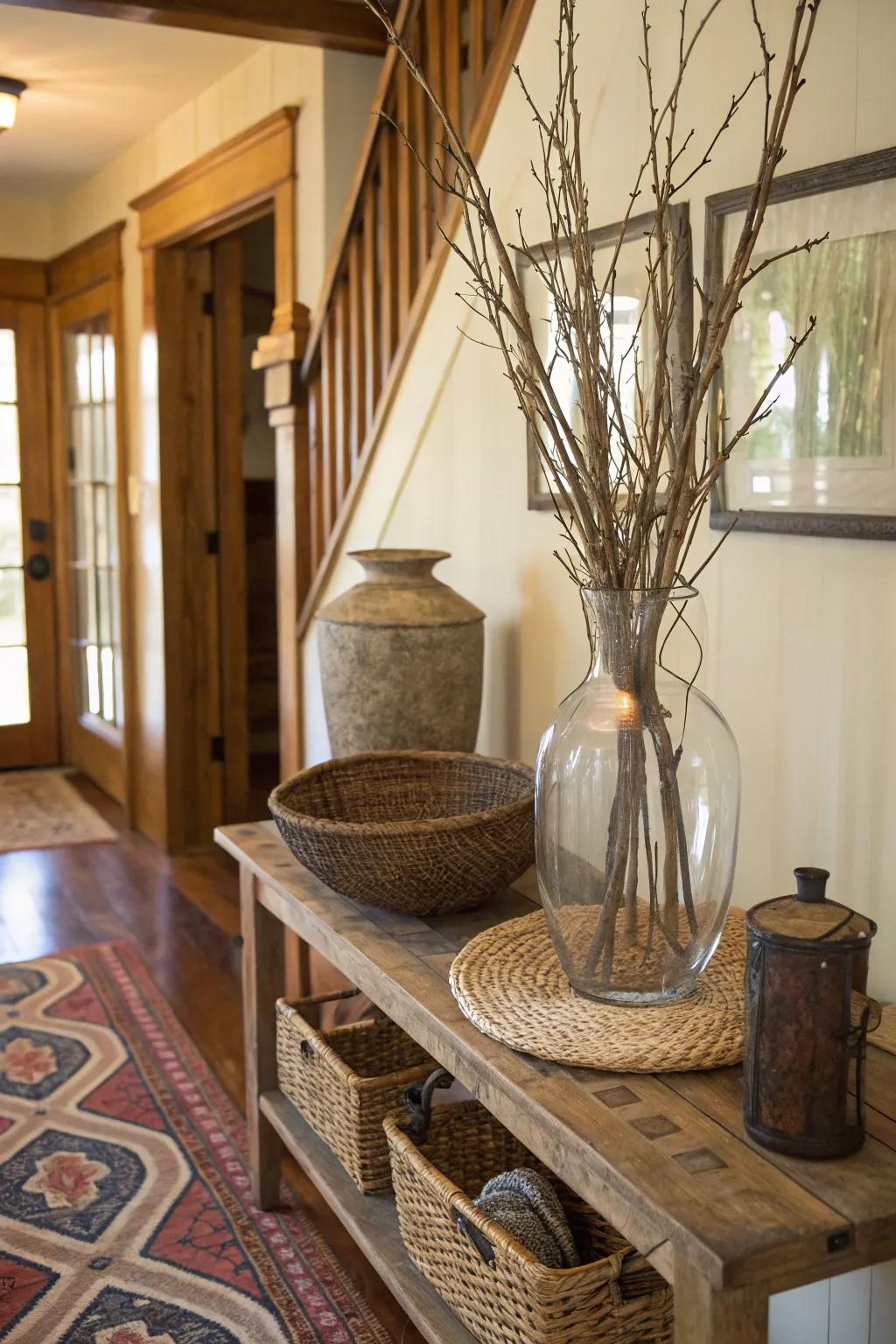 A rustic tall glass vase with natural branches, enhancing the entryway with a touch of nature.