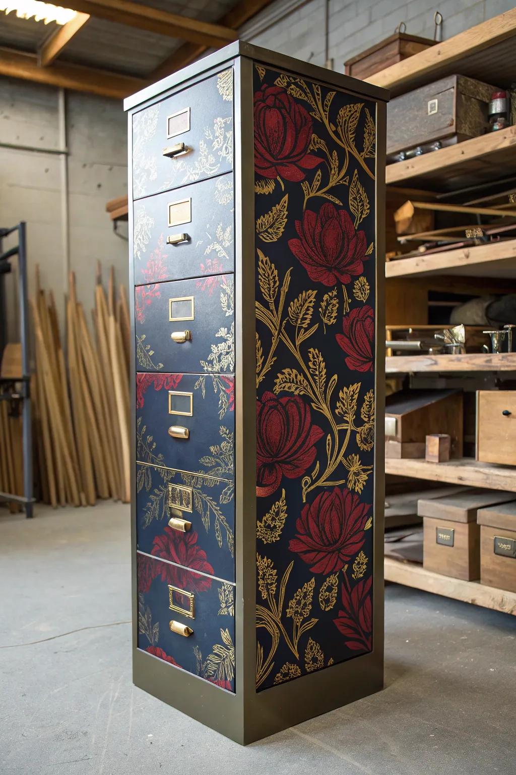Modernize your workspace with vintage style: a striking filing cabinet revamp blending metal with botanical refinement.