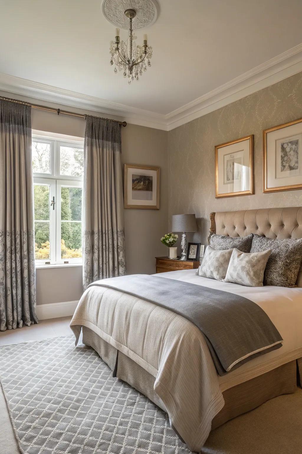 Chic slate window coverings complement earthen-toned walls.