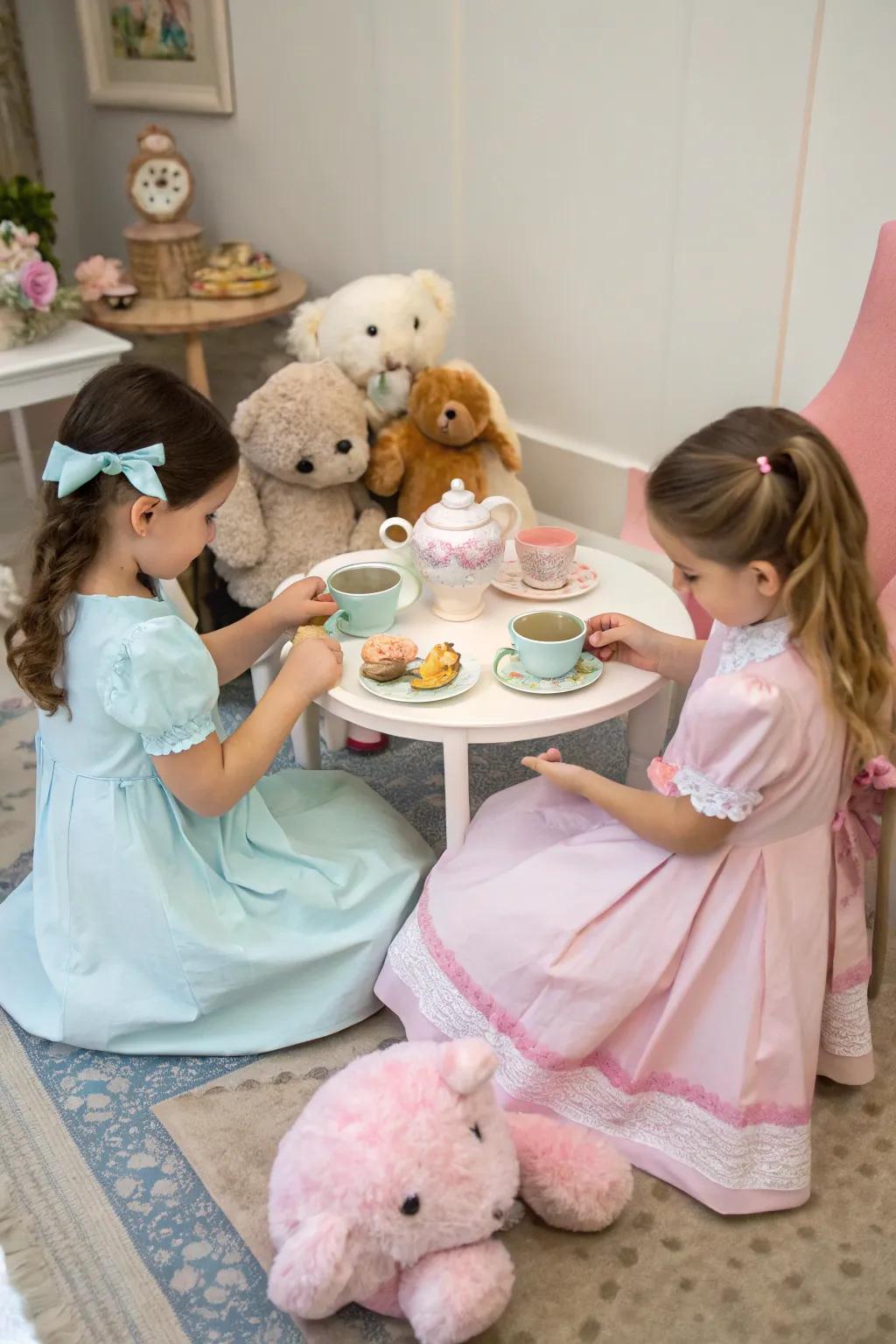 Children dressed in pastel garments relish a whimsical tea gathering with their plush companions.