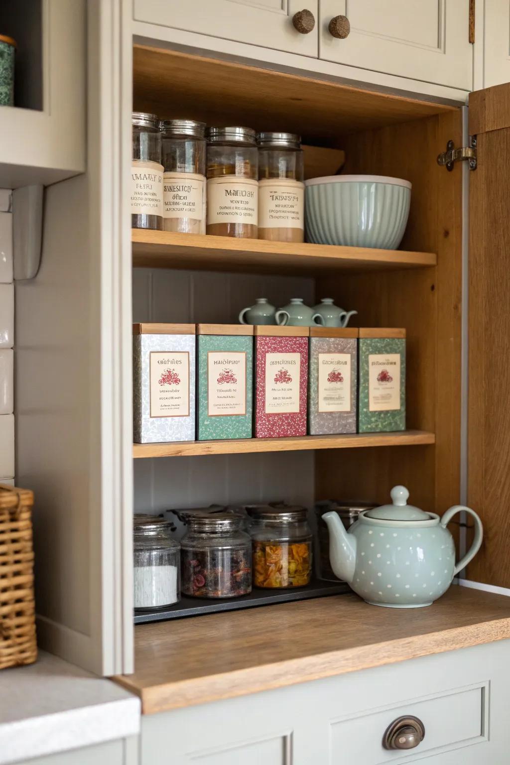 A tidy cupboard shelf dedicated to tea storage.