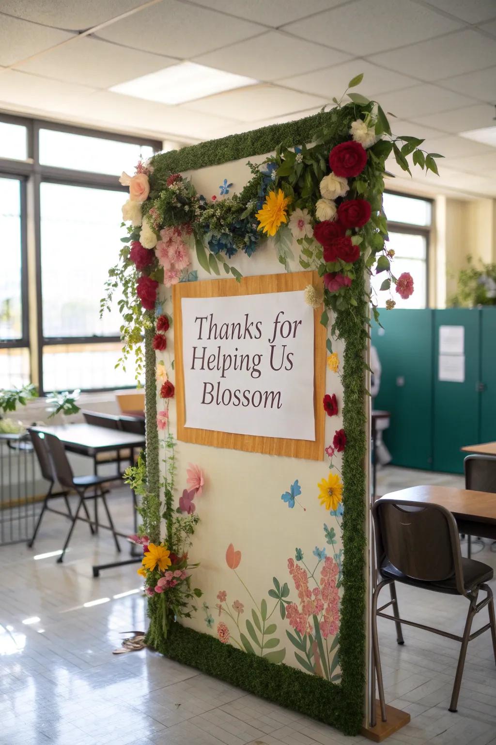 A floral-themed board showing appreciation to teachers for nurturing their students&rsquo; growth.