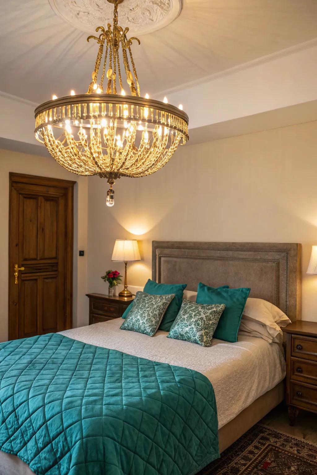 A gilded chandelier adds a touch of glamor to this aqua and gilded bedroom.