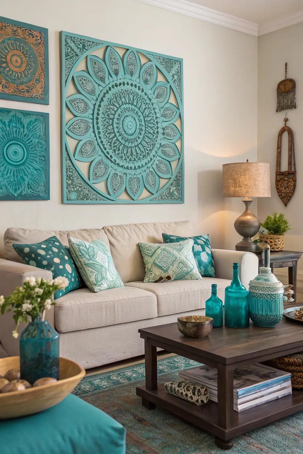 The art on the walls with teal and turquoise brings the room’s colors to life.